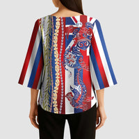 Hawaiian Sea Animals Kimono Sleeve Blouse with Lei and Flag Style