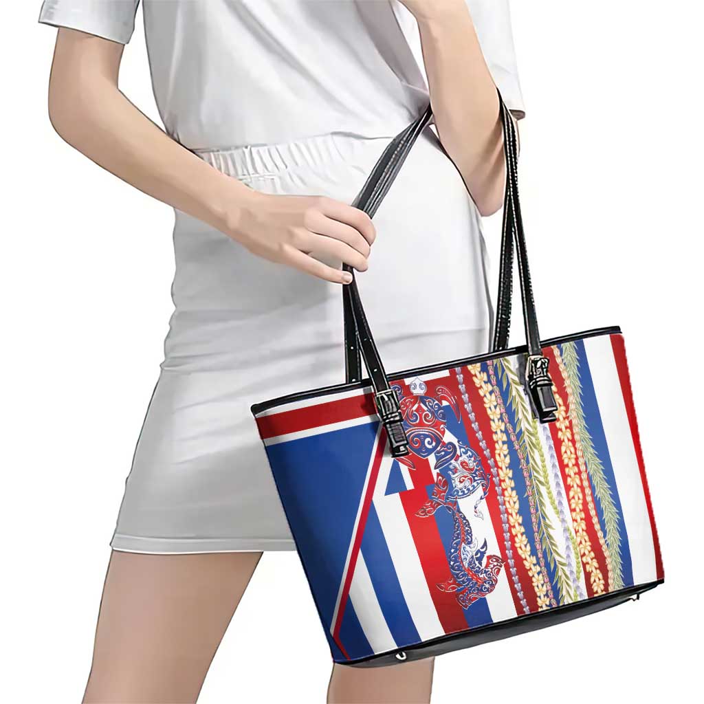 Hawaiian Sea Animals Leather Tote Bag with Lei and Flag Style