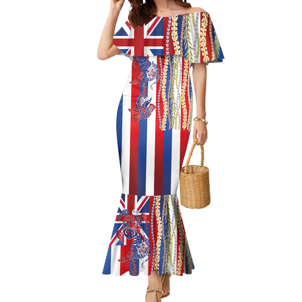 Hawaiian Sea Animals Mermaid Dress with Lei and Flag Style