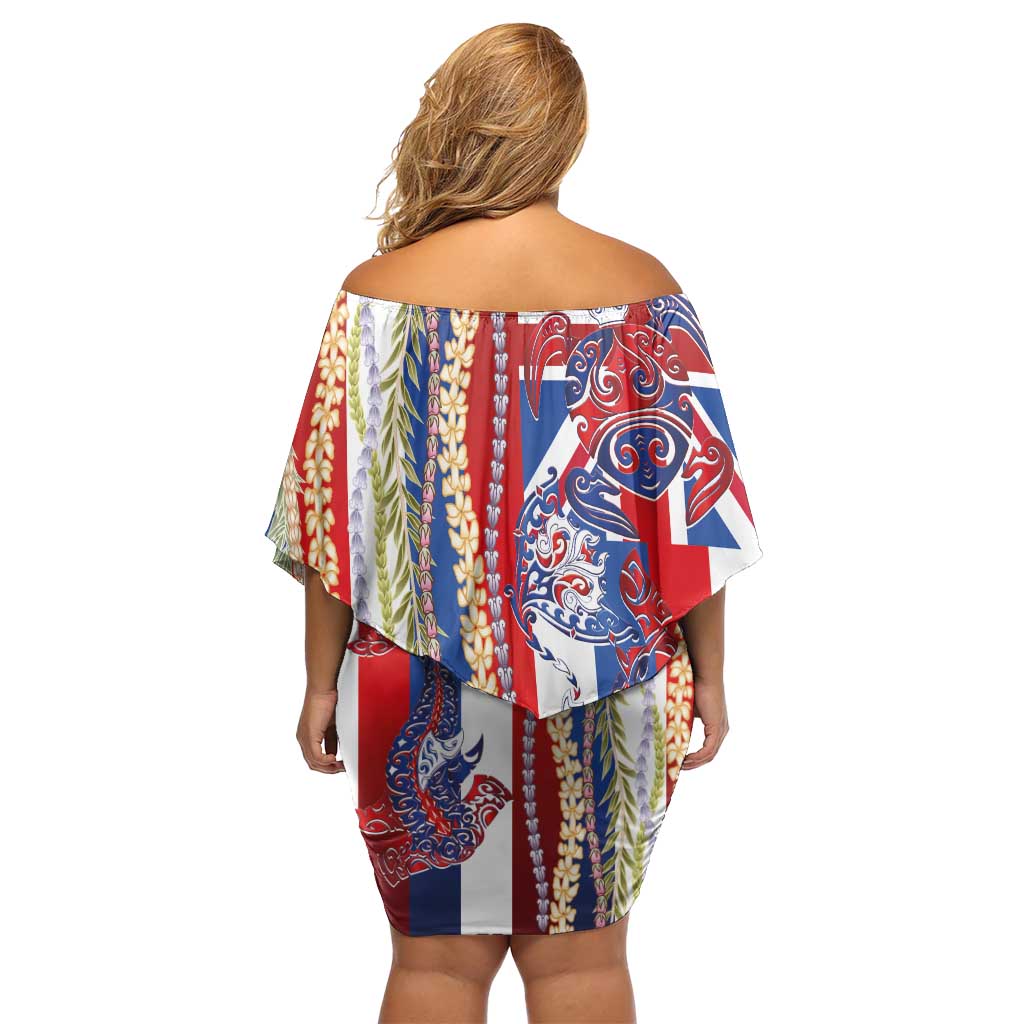 Hawaiian Sea Animals Off Shoulder Short Dress with Lei and Flag Style