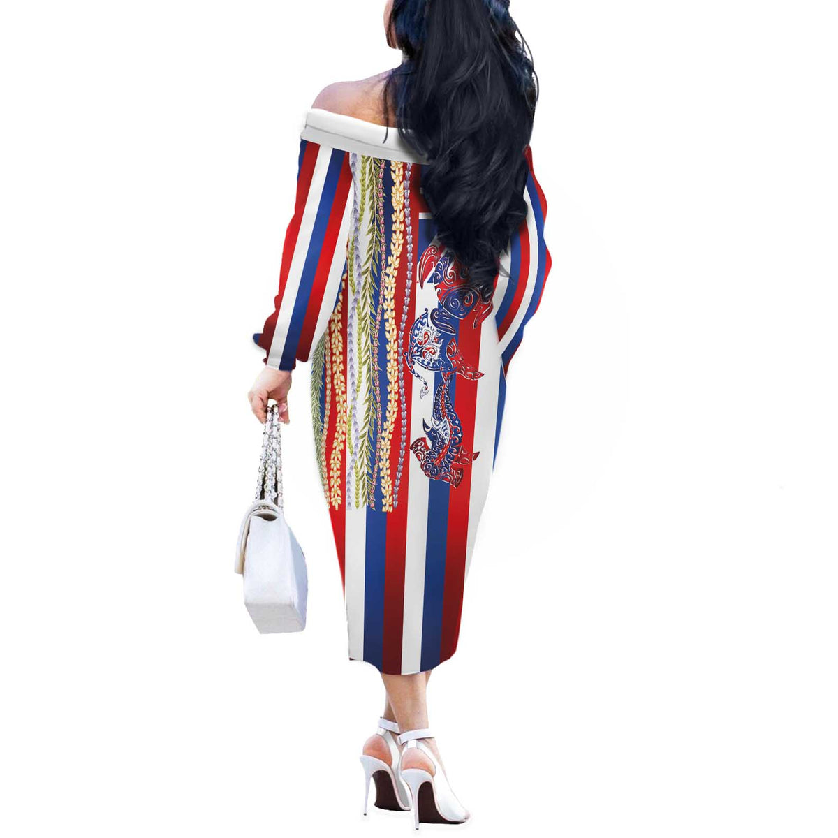 Hawaiian Sea Animals Off The Shoulder Long Sleeve Dress with Lei and Flag Style