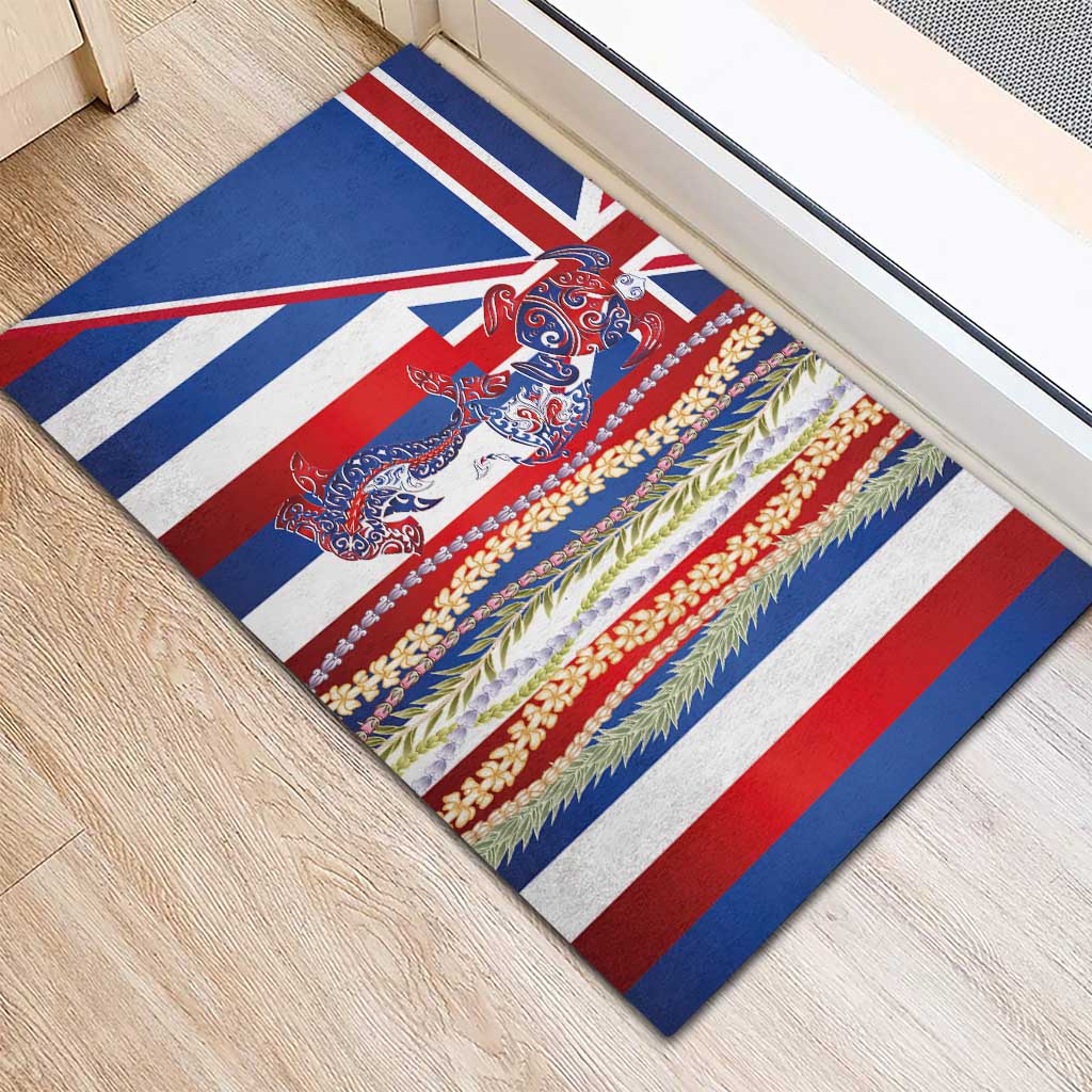 Hawaiian Sea Animals Rubber Doormat with Lei and Flag Style