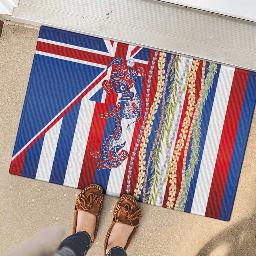 Hawaiian Sea Animals Rubber Doormat with Lei and Flag Style