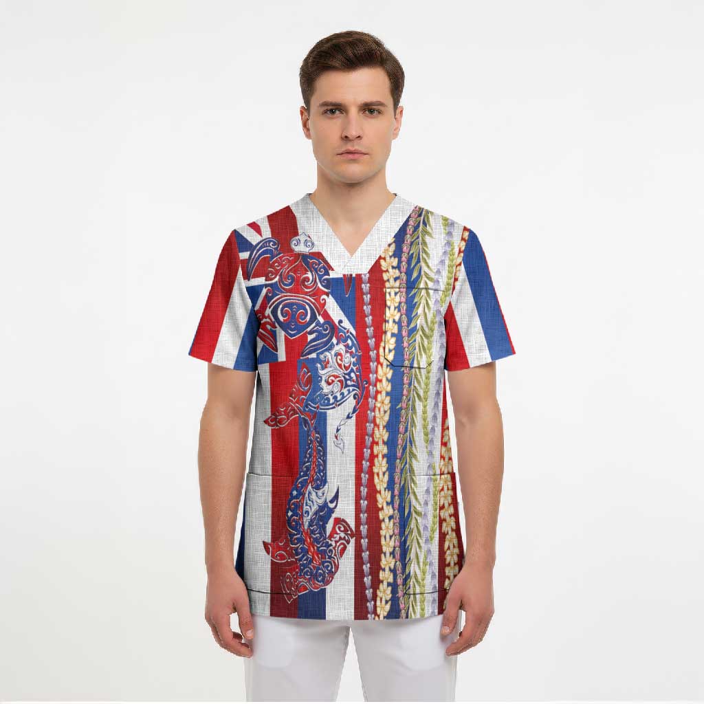 Hawaiian Sea Animals Scrub Top with Lei and Flag Style