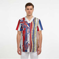 Hawaiian Sea Animals Scrub Top with Lei and Flag Style