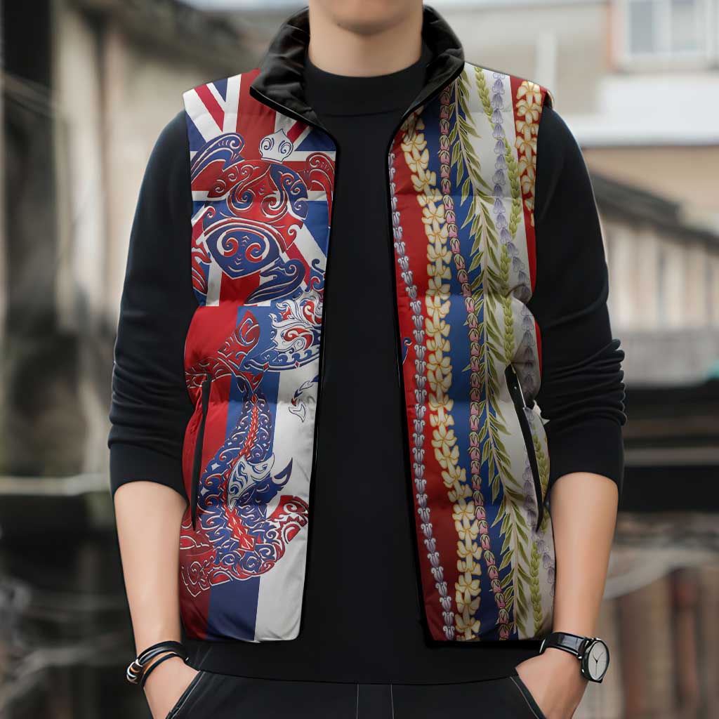 Hawaiian Sea Animals Sleeveless Puffer Jacket with Lei and Flag Style