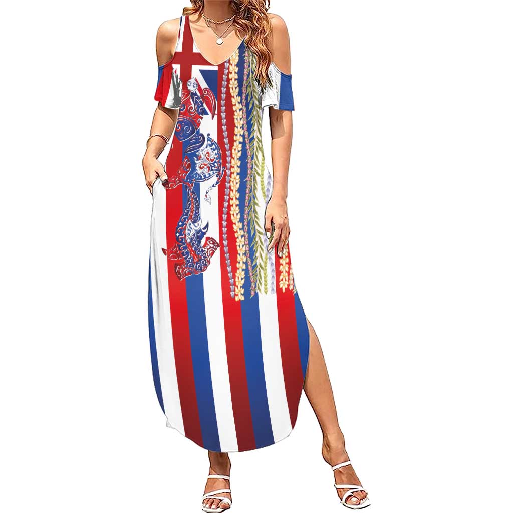 Hawaiian Sea Animals Summer Maxi Dress with Lei and Flag Style