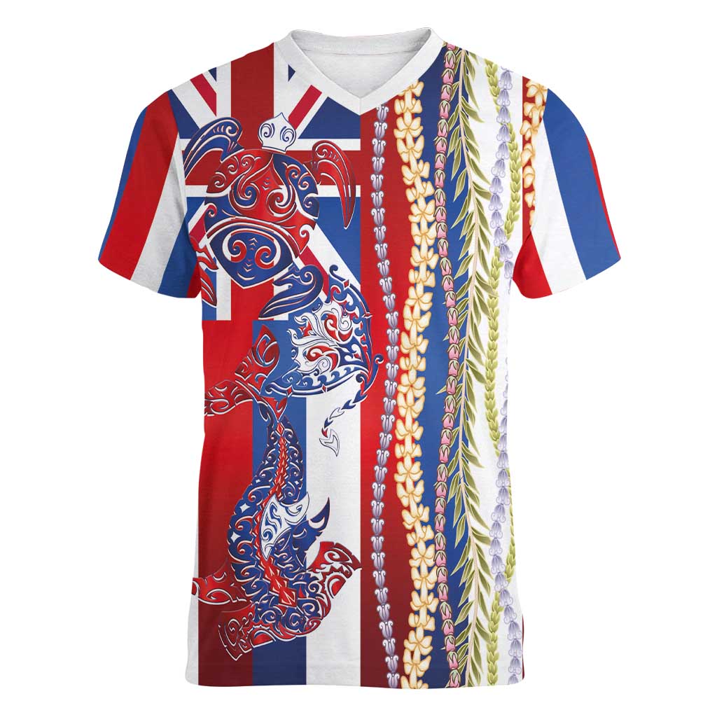 Hawaiian Sea Animals Women V-Neck T-Shirt with Lei and Flag Style