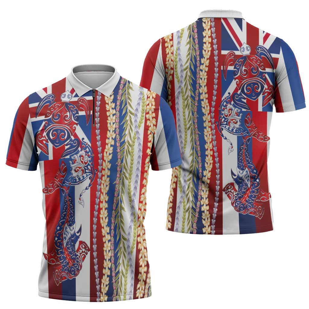 Hawaiian Sea Animals Zipper Polo Shirt with Lei and Flag Style