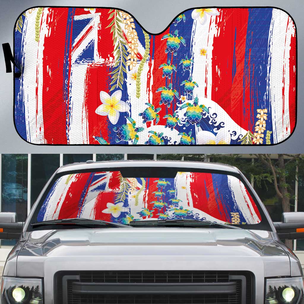 Hawaiian Sea Turtles and Plumeria Auto Sun Shade with Lei and Flag Grunge Style