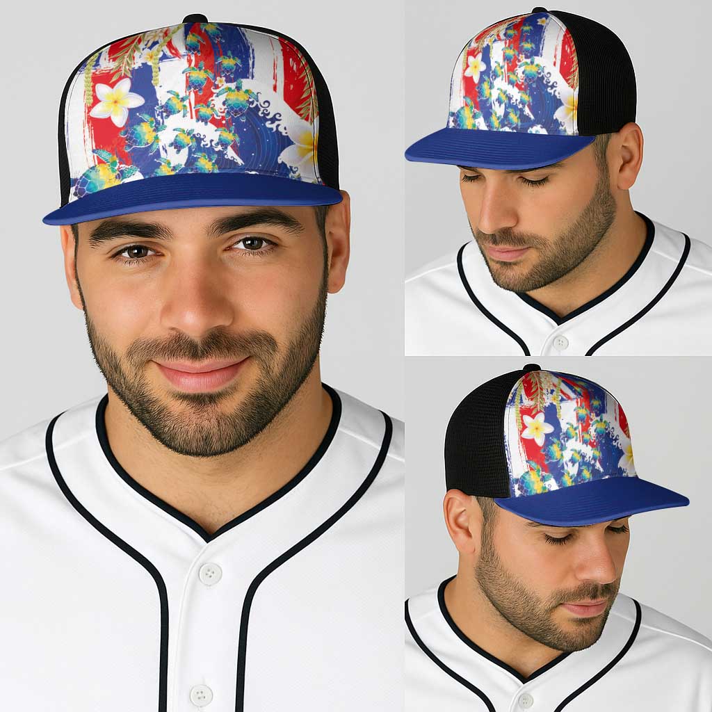 Hawaiian Sea Turtles and Plumeria Baseball Net Cap with Lei and Flag Grunge Style