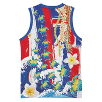 Hawaiian Sea Turtles and Plumeria Basketball Jersey with Lei and Flag Grunge Style LT03 - Polynesian Pride