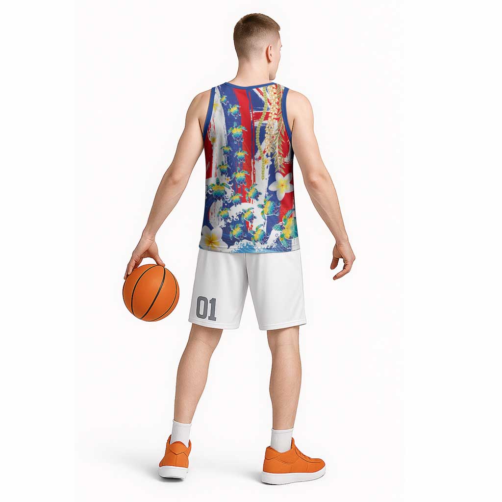 Hawaiian Sea Turtles and Plumeria Basketball Jersey with Lei and Flag Grunge Style LT03 - Polynesian Pride