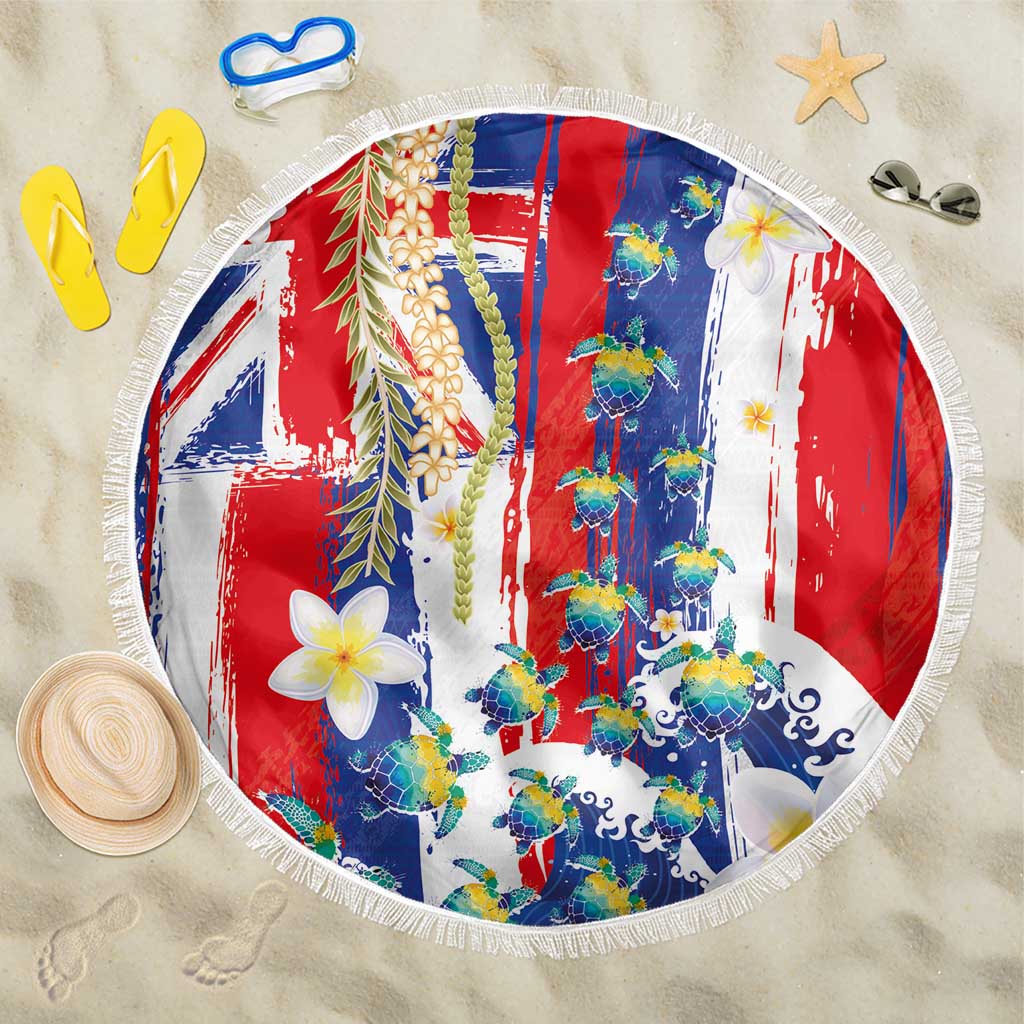 Hawaiian Sea Turtles and Plumeria Beach Blanket with Lei and Flag Grunge Style