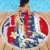 Hawaiian Sea Turtles and Plumeria Beach Blanket with Lei and Flag Grunge Style