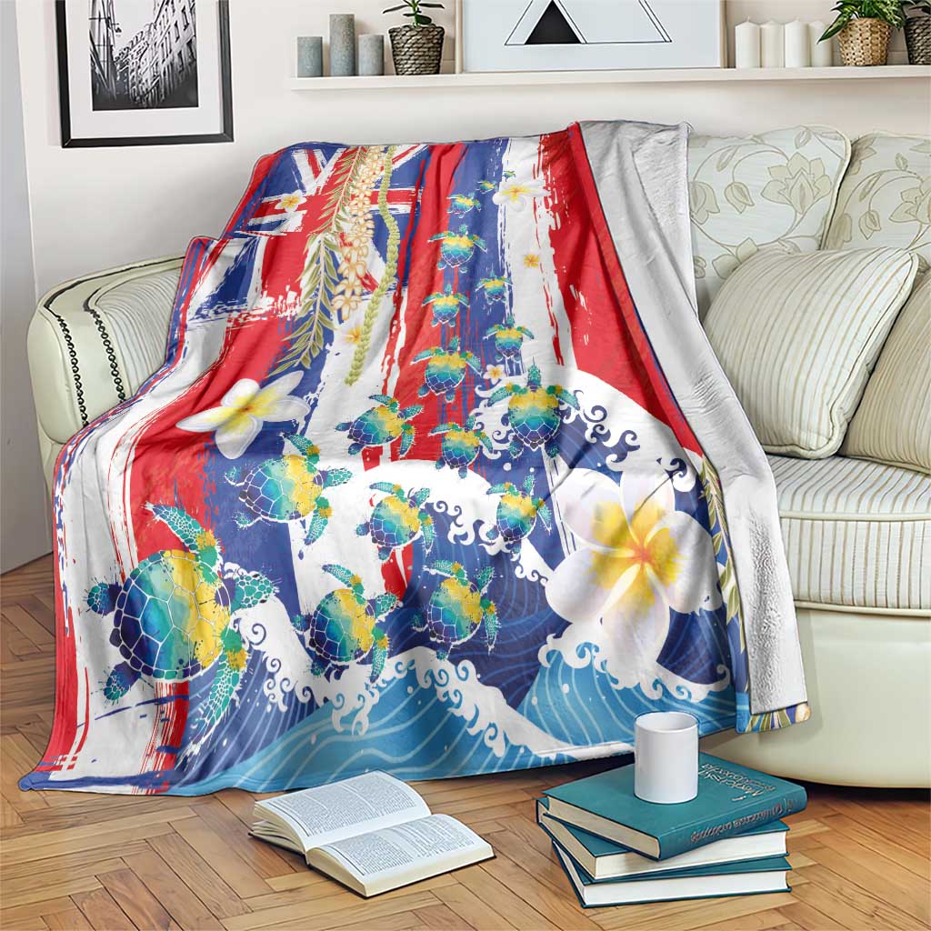 Hawaiian Sea Turtles and Plumeria Blanket with Lei and Flag Grunge Style