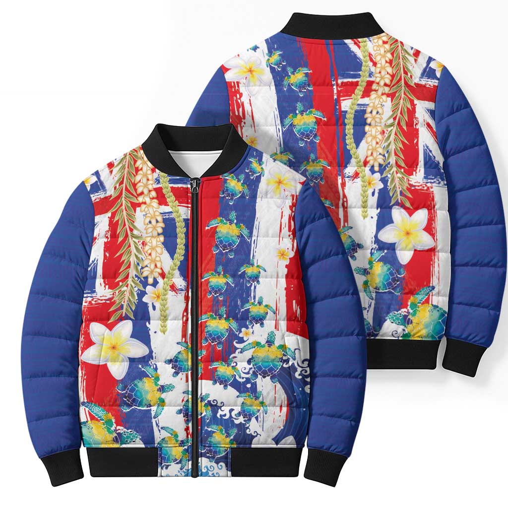 Hawaiian Sea Turtles and Plumeria Bomber Puffer Jacket with Lei and Flag Grunge Style