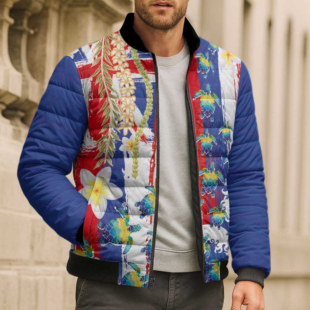 Hawaiian Sea Turtles and Plumeria Bomber Puffer Jacket with Lei and Flag Grunge Style