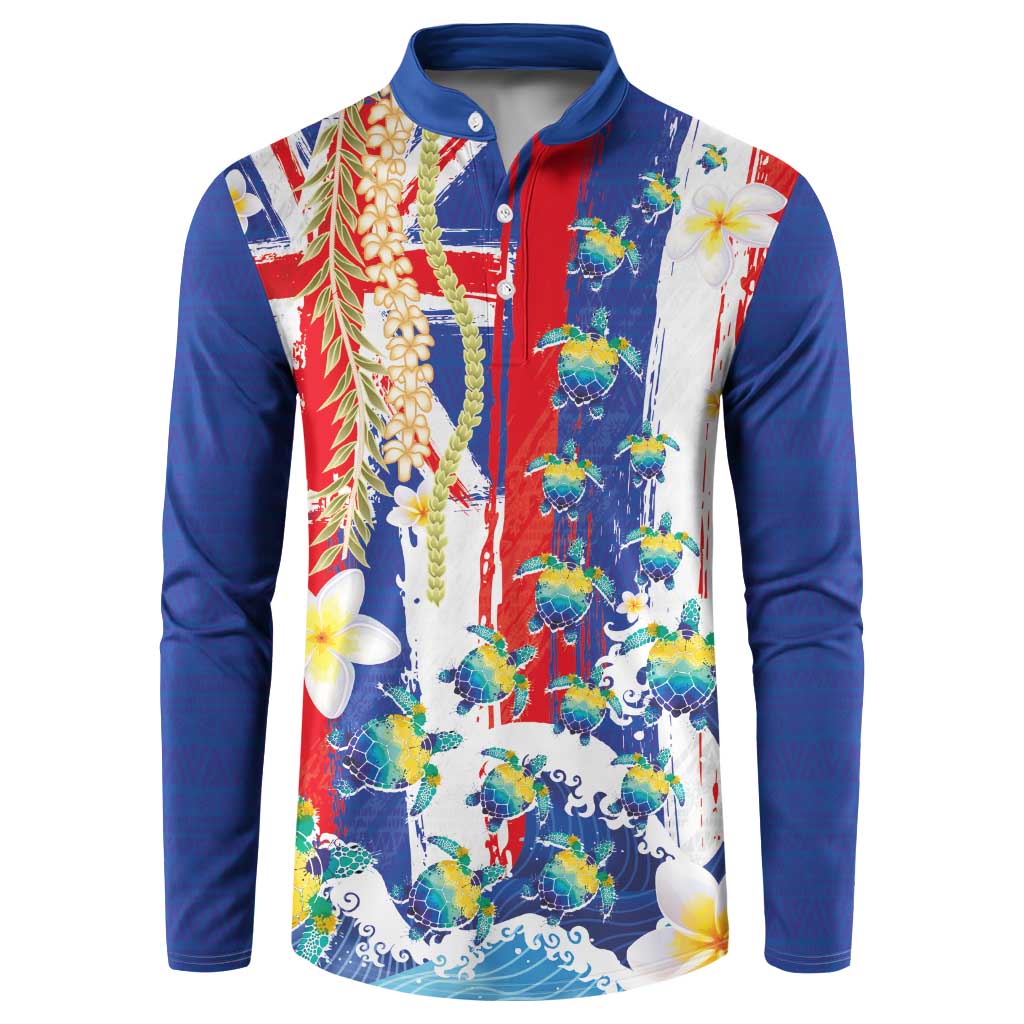Hawaiian Sea Turtles and Plumeria Button Sweatshirt with Lei and Flag Grunge Style