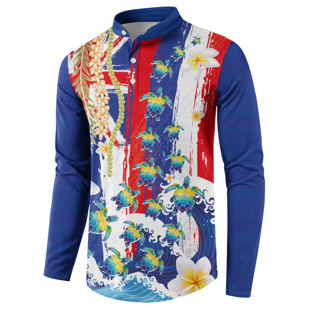 Hawaiian Sea Turtles and Plumeria Button Sweatshirt with Lei and Flag Grunge Style