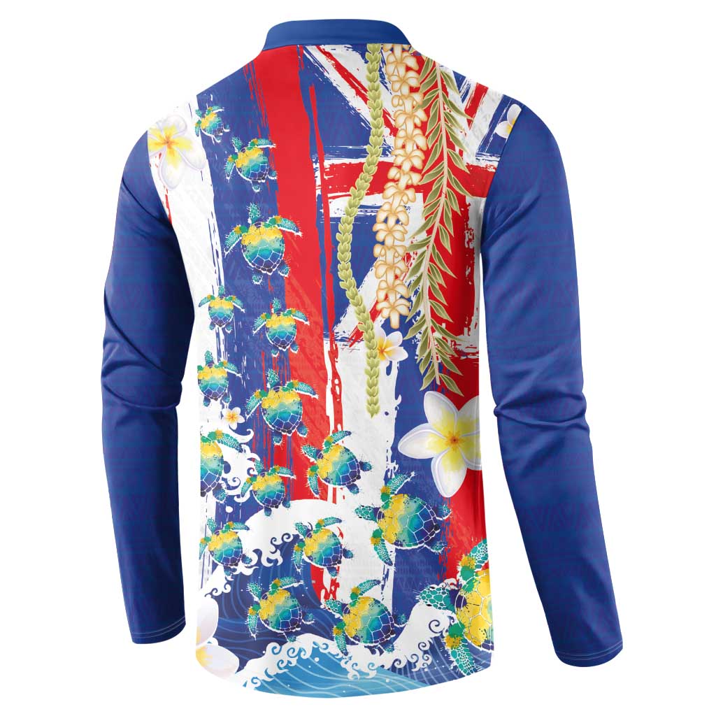Hawaiian Sea Turtles and Plumeria Button Sweatshirt with Lei and Flag Grunge Style
