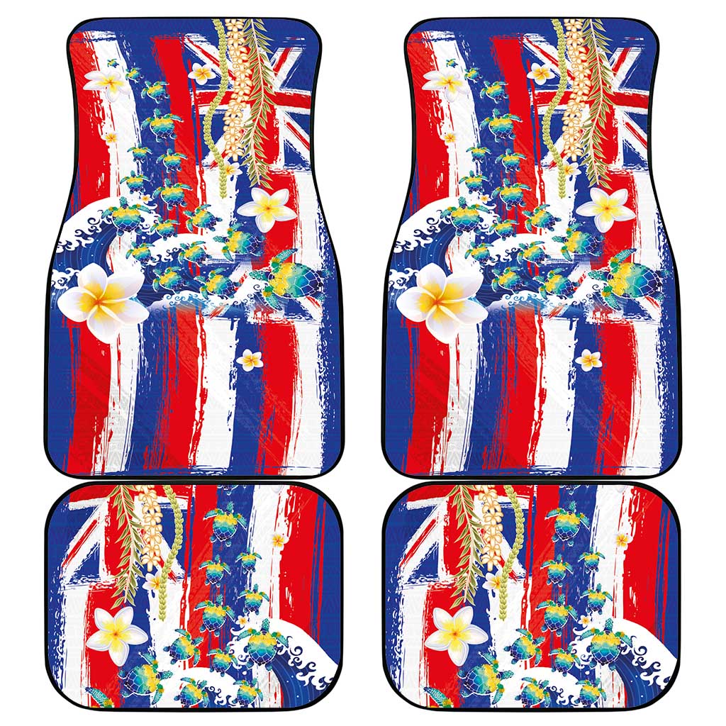 Hawaiian Sea Turtles and Plumeria Car Mats with Lei and Flag Grunge Style