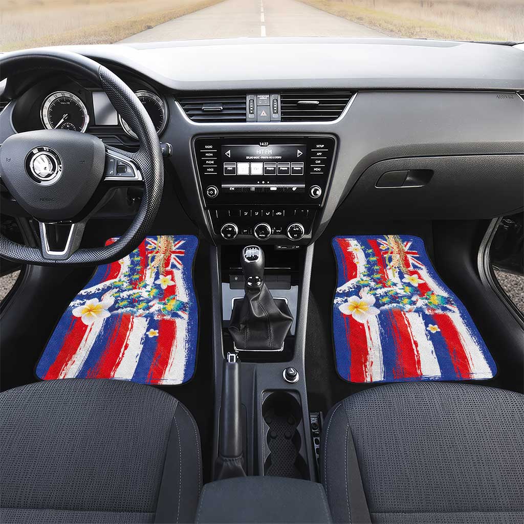 Hawaiian Sea Turtles and Plumeria Car Mats with Lei and Flag Grunge Style
