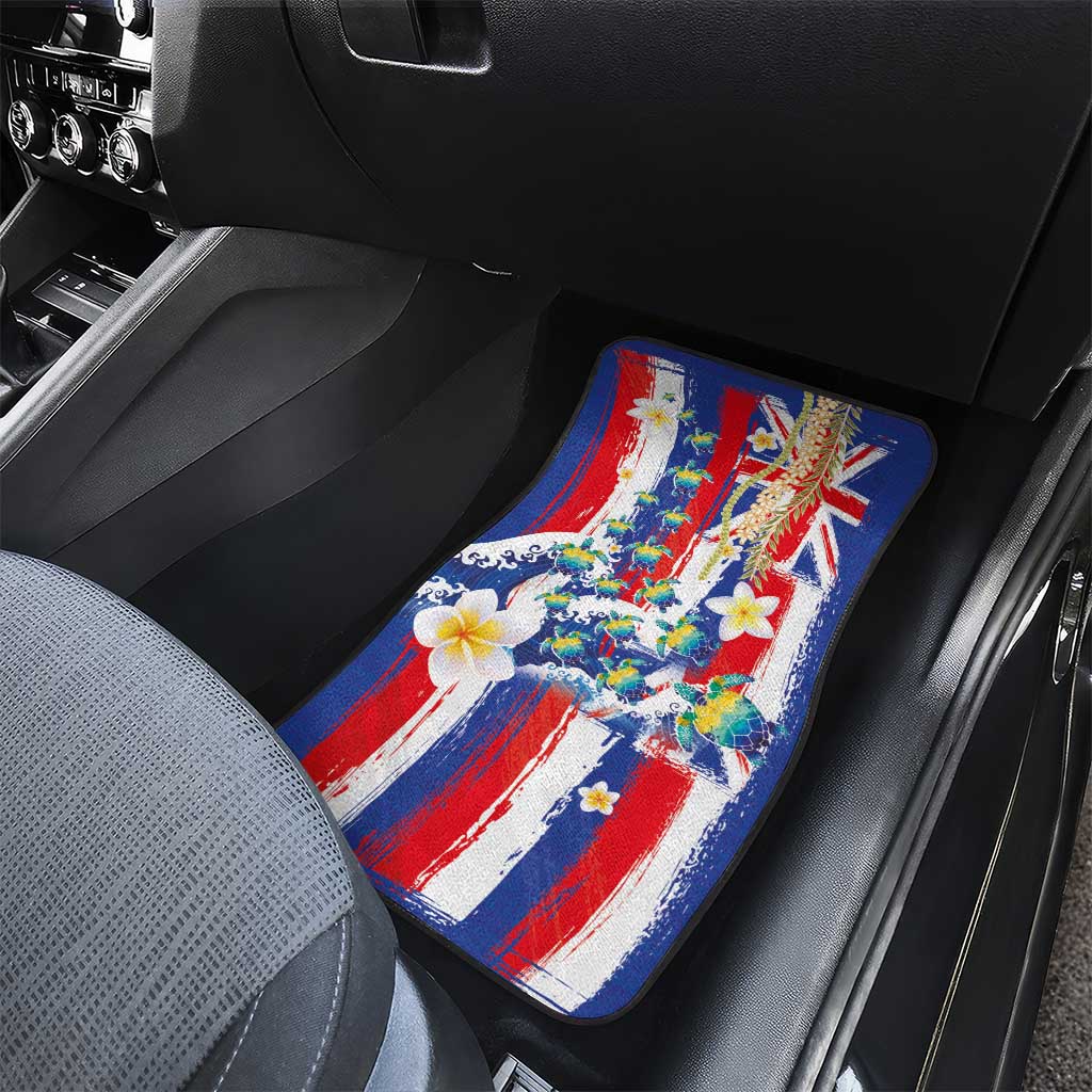 Hawaiian Sea Turtles and Plumeria Car Mats with Lei and Flag Grunge Style
