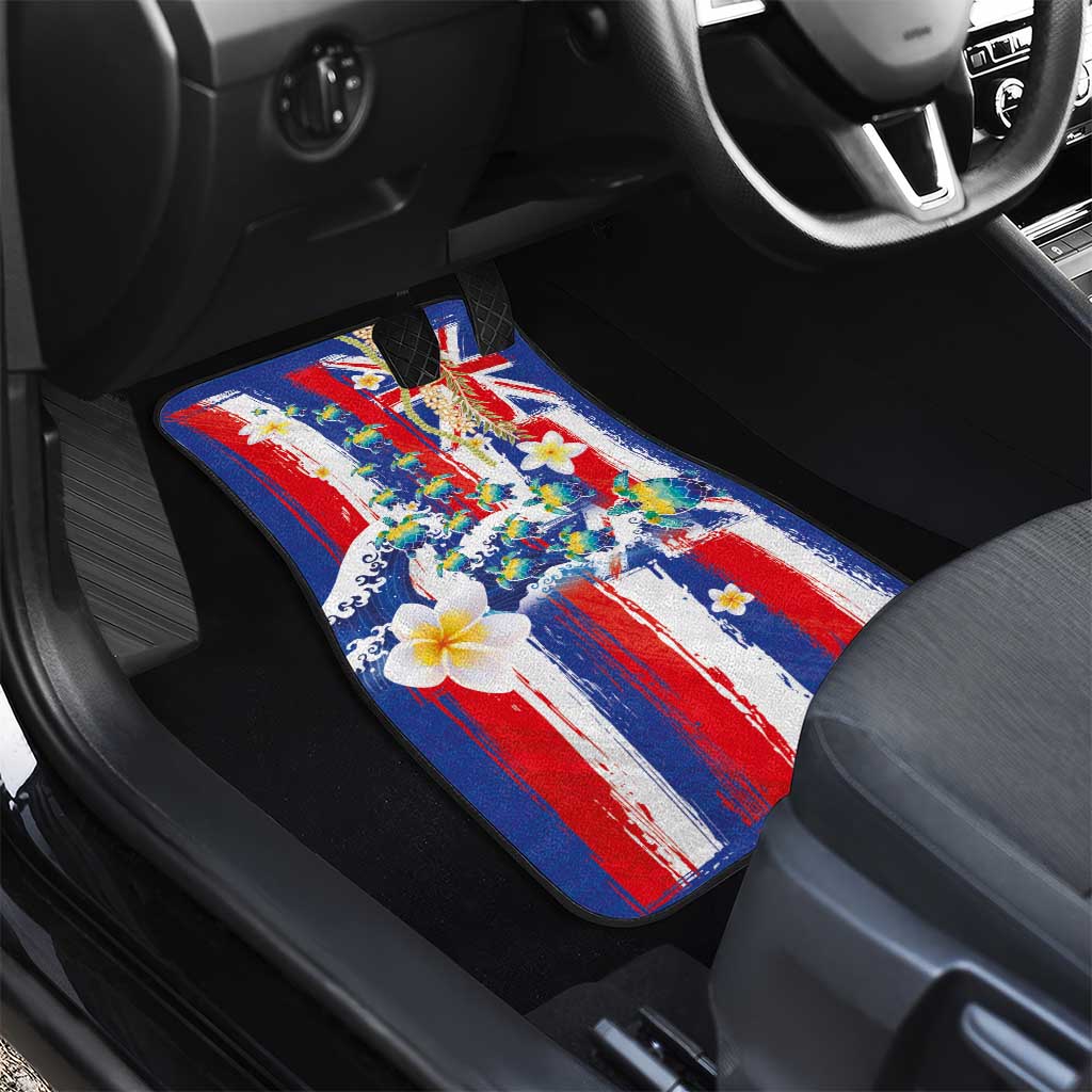 Hawaiian Sea Turtles and Plumeria Car Mats with Lei and Flag Grunge Style