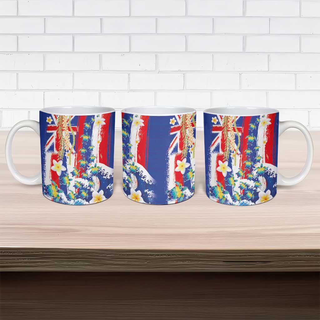 Hawaiian Sea Turtles and Plumeria Ceramic Mug with Lei and Flag Grunge Style