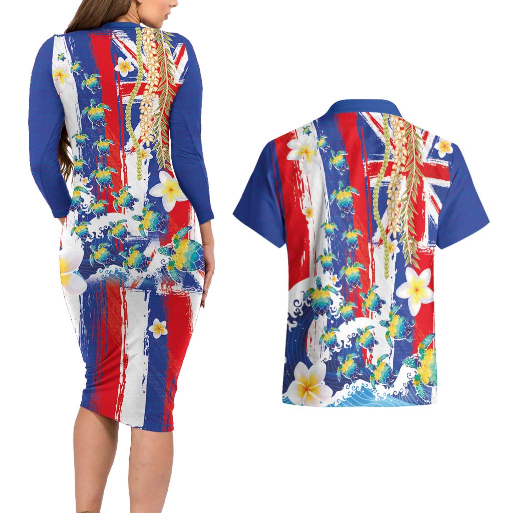 Hawaiian Sea Turtles and Plumeria Couples Matching Long Sleeve Bodycon Dress and Hawaiian Shirt with Lei and Flag Grunge Style LT03 - Polynesian Pride