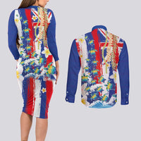 Hawaiian Sea Turtles and Plumeria Couples Matching Long Sleeve Bodycon Dress and Long Sleeve Button Shirt with Lei and Flag Grunge Style LT03 - Polynesian Pride