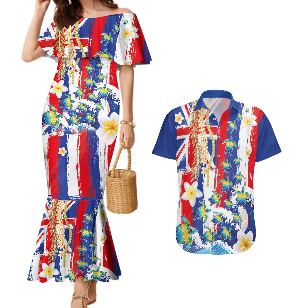 Hawaiian Sea Turtles and Plumeria Couples Matching Mermaid Dress and Hawaiian Shirt with Lei and Flag Grunge Style LT03 Multicolor - Polynesian Pride