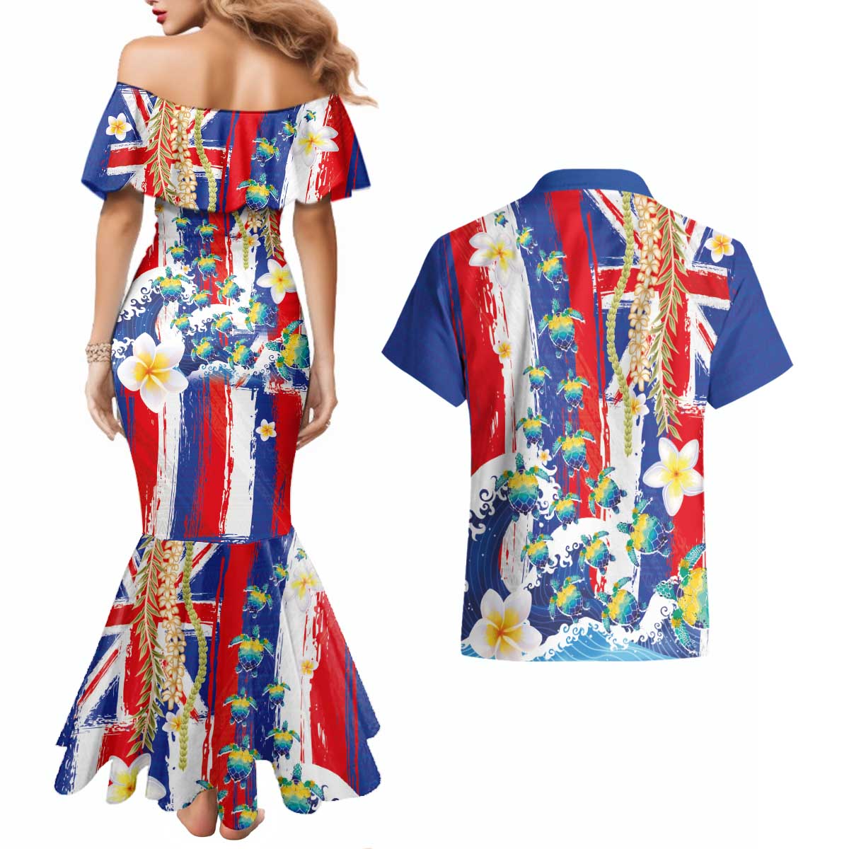 Hawaiian Sea Turtles and Plumeria Couples Matching Mermaid Dress and Hawaiian Shirt with Lei and Flag Grunge Style LT03 - Polynesian Pride