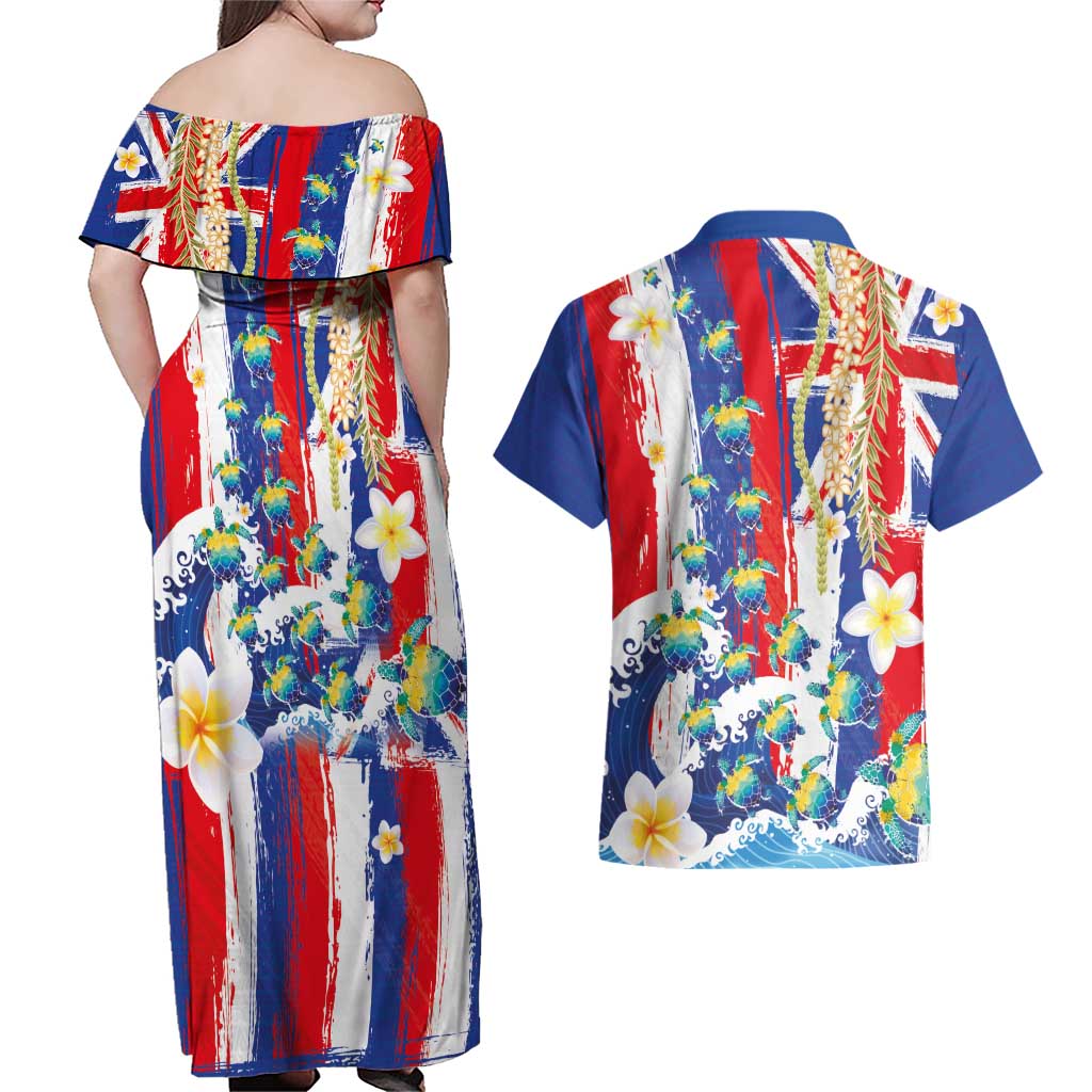 Hawaiian Sea Turtles and Plumeria Couples Matching Off Shoulder Maxi Dress and Hawaiian Shirt with Lei and Flag Grunge Style LT03 - Polynesian Pride