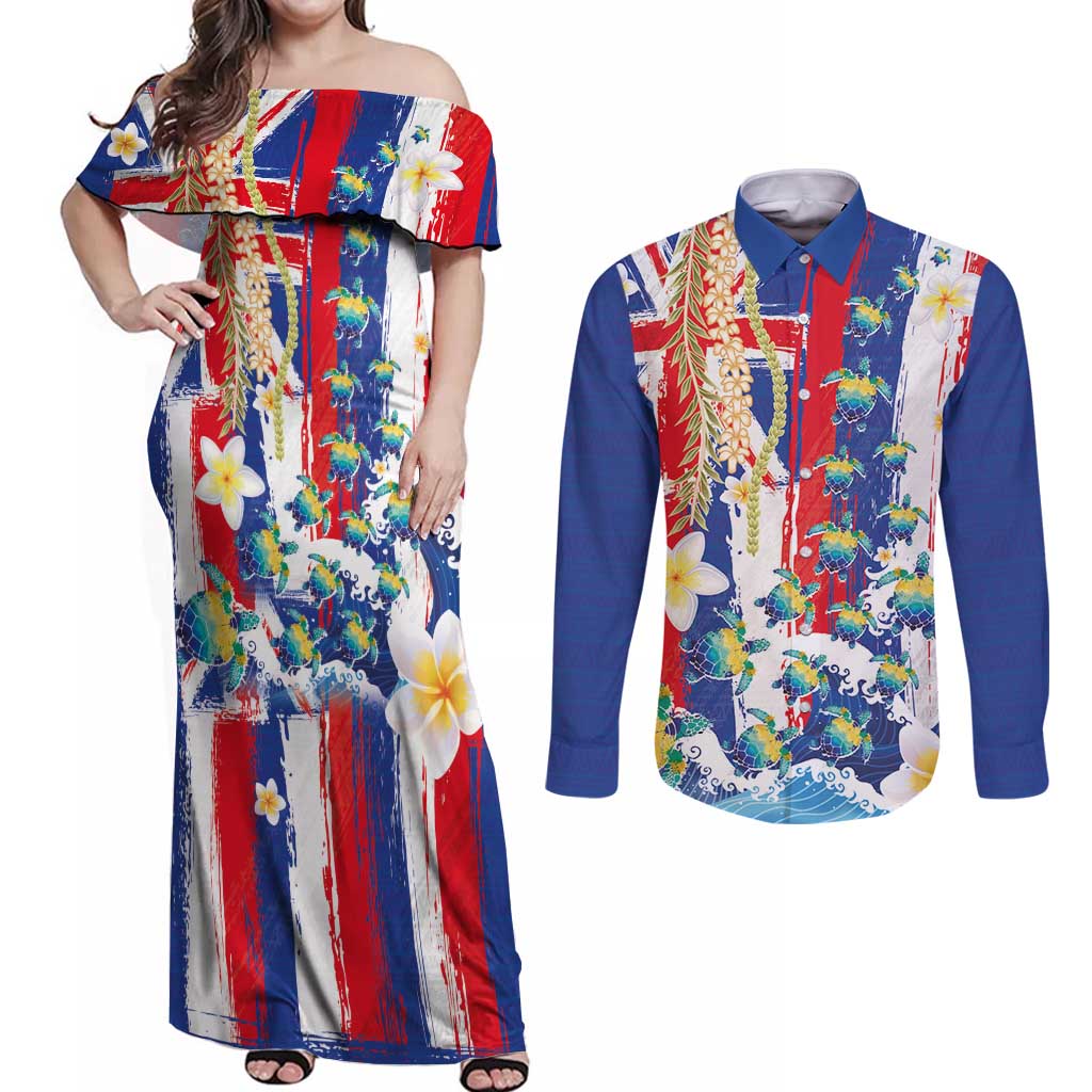 Hawaiian Sea Turtles and Plumeria Couples Matching Off Shoulder Maxi Dress and Long Sleeve Button Shirt with Lei and Flag Grunge Style