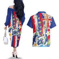 Hawaiian Sea Turtles and Plumeria Couples Matching Off The Shoulder Long Sleeve Dress and Hawaiian Shirt with Lei and Flag Grunge Style LT03 - Polynesian Pride