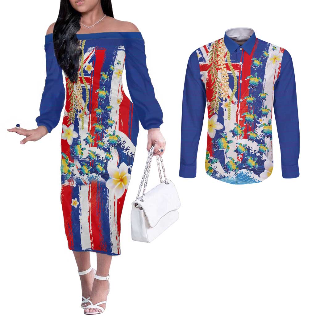Hawaiian Sea Turtles and Plumeria Couples Matching Off The Shoulder Long Sleeve Dress and Long Sleeve Button Shirt with Lei and Flag Grunge Style LT03 Multicolor - Polynesian Pride