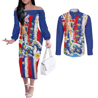 Hawaiian Sea Turtles and Plumeria Couples Matching Off The Shoulder Long Sleeve Dress and Long Sleeve Button Shirt with Lei and Flag Grunge Style LT03 Multicolor - Polynesian Pride