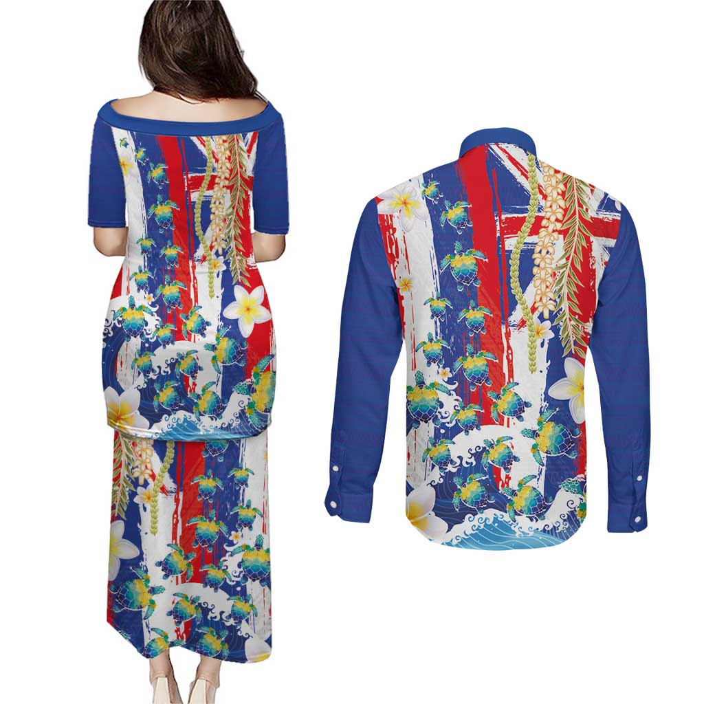 Hawaiian Sea Turtles and Plumeria Couples Matching Puletasi and Long Sleeve Button Shirt with Lei and Flag Grunge Style LT03 - Polynesian Pride