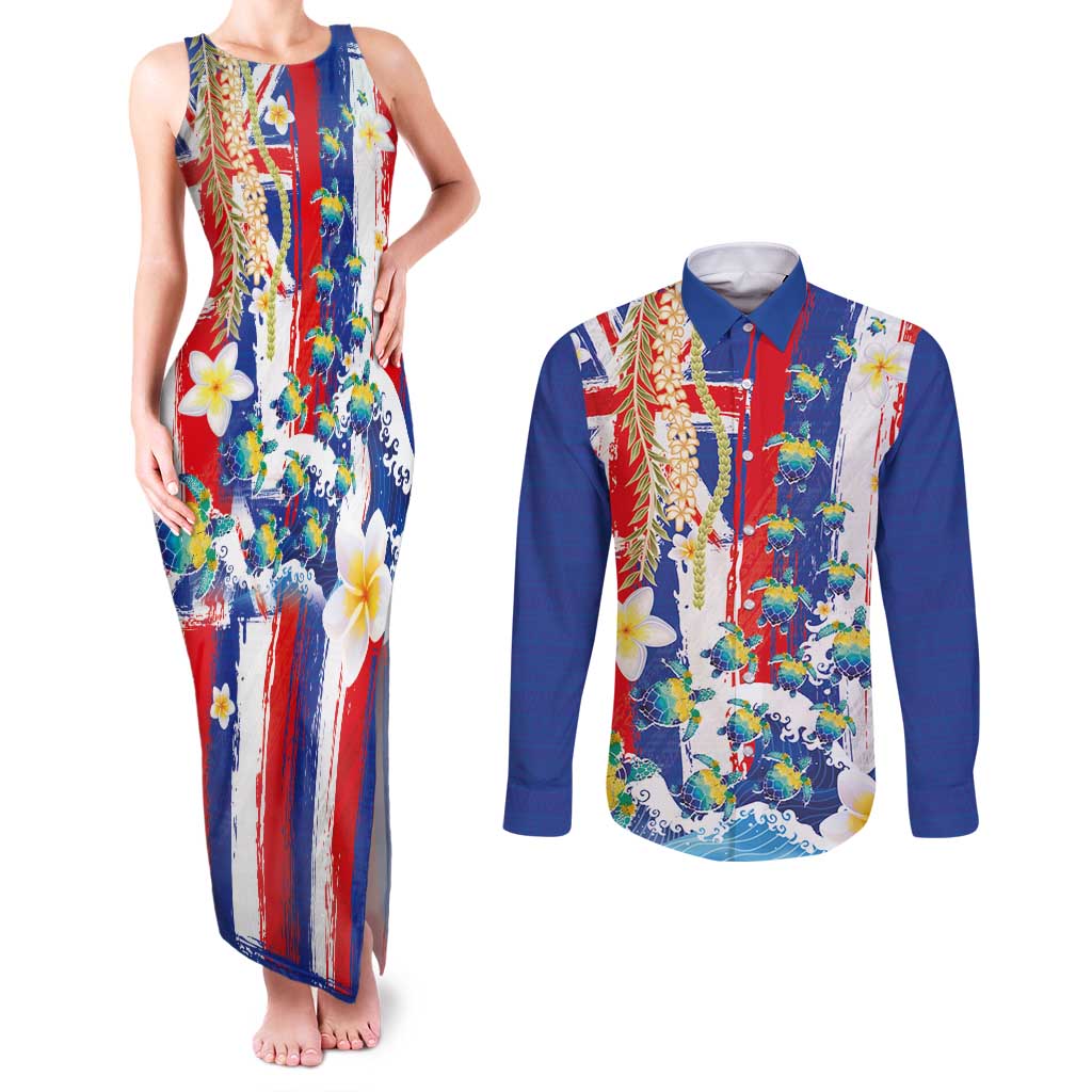 Hawaiian Sea Turtles and Plumeria Couples Matching Tank Maxi Dress and Long Sleeve Button Shirt with Lei and Flag Grunge Style LT03 Multicolor - Polynesian Pride