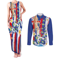 Hawaiian Sea Turtles and Plumeria Couples Matching Tank Maxi Dress and Long Sleeve Button Shirt with Lei and Flag Grunge Style LT03 Multicolor - Polynesian Pride
