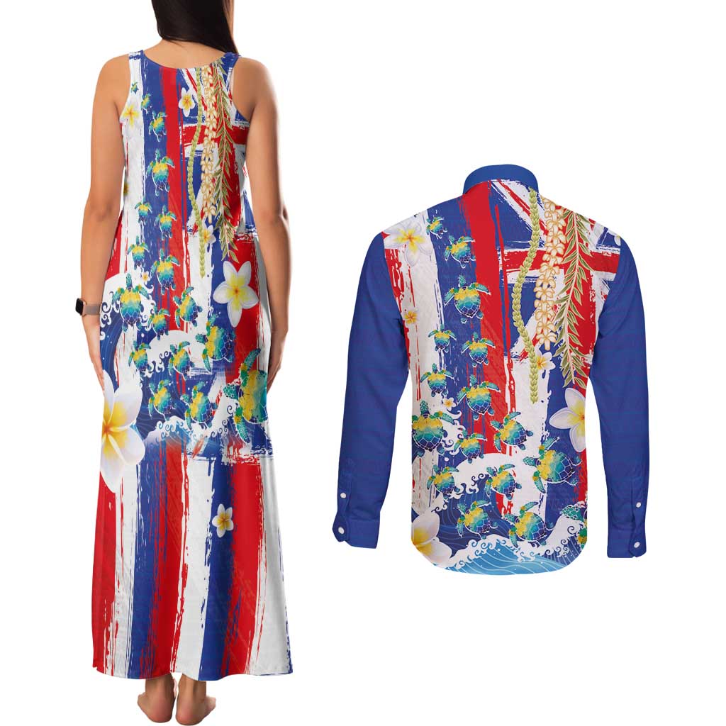 Hawaiian Sea Turtles and Plumeria Couples Matching Tank Maxi Dress and Long Sleeve Button Shirt with Lei and Flag Grunge Style LT03 - Polynesian Pride