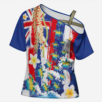 Hawaiian Sea Turtles and Plumeria Cross Shoulder Shirt with Lei and Flag Grunge Style