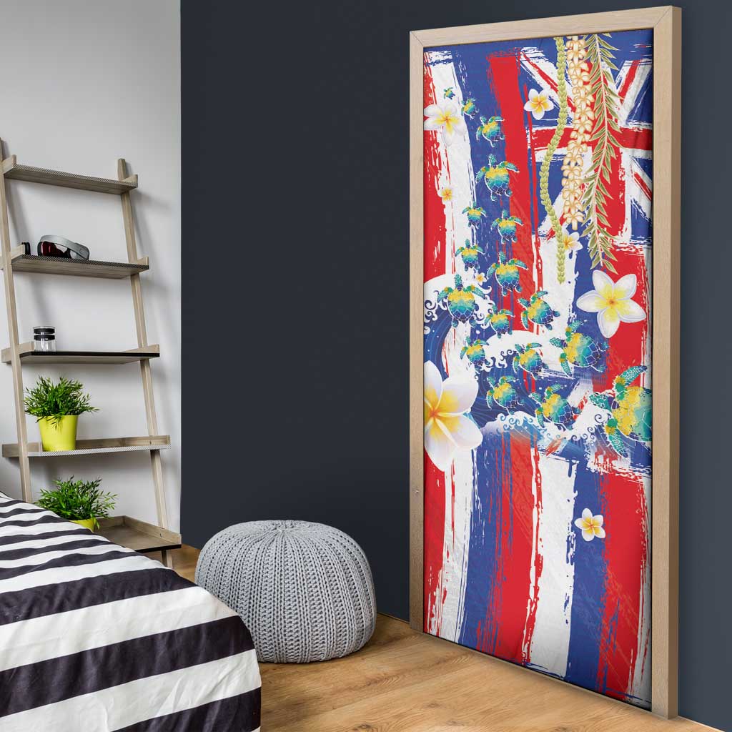 Hawaiian Sea Turtles and Plumeria Door Cover with Lei and Flag Grunge Style LT03 - Polynesian Pride