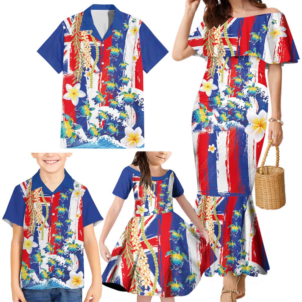 Hawaiian Sea Turtles and Plumeria Family Matching Mermaid Dress and Hawaiian Shirt with Lei and Flag Grunge Style