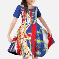 Hawaiian Sea Turtles and Plumeria Family Matching Off The Shoulder Long Sleeve Dress and Hawaiian Shirt with Lei and Flag Grunge Style LT03 Daughter's Dress Multicolor - Polynesian Pride