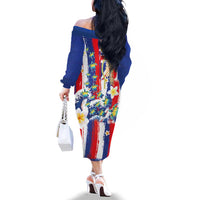 Hawaiian Sea Turtles and Plumeria Family Matching Off The Shoulder Long Sleeve Dress and Hawaiian Shirt with Lei and Flag Grunge Style LT03 - Polynesian Pride
