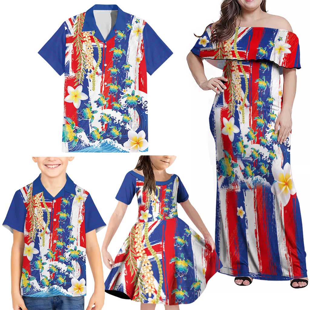 Hawaiian Sea Turtles and Plumeria Family Matching Off Shoulder Maxi Dress and Hawaiian Shirt with Lei and Flag Grunge Style LT03 - Polynesian Pride