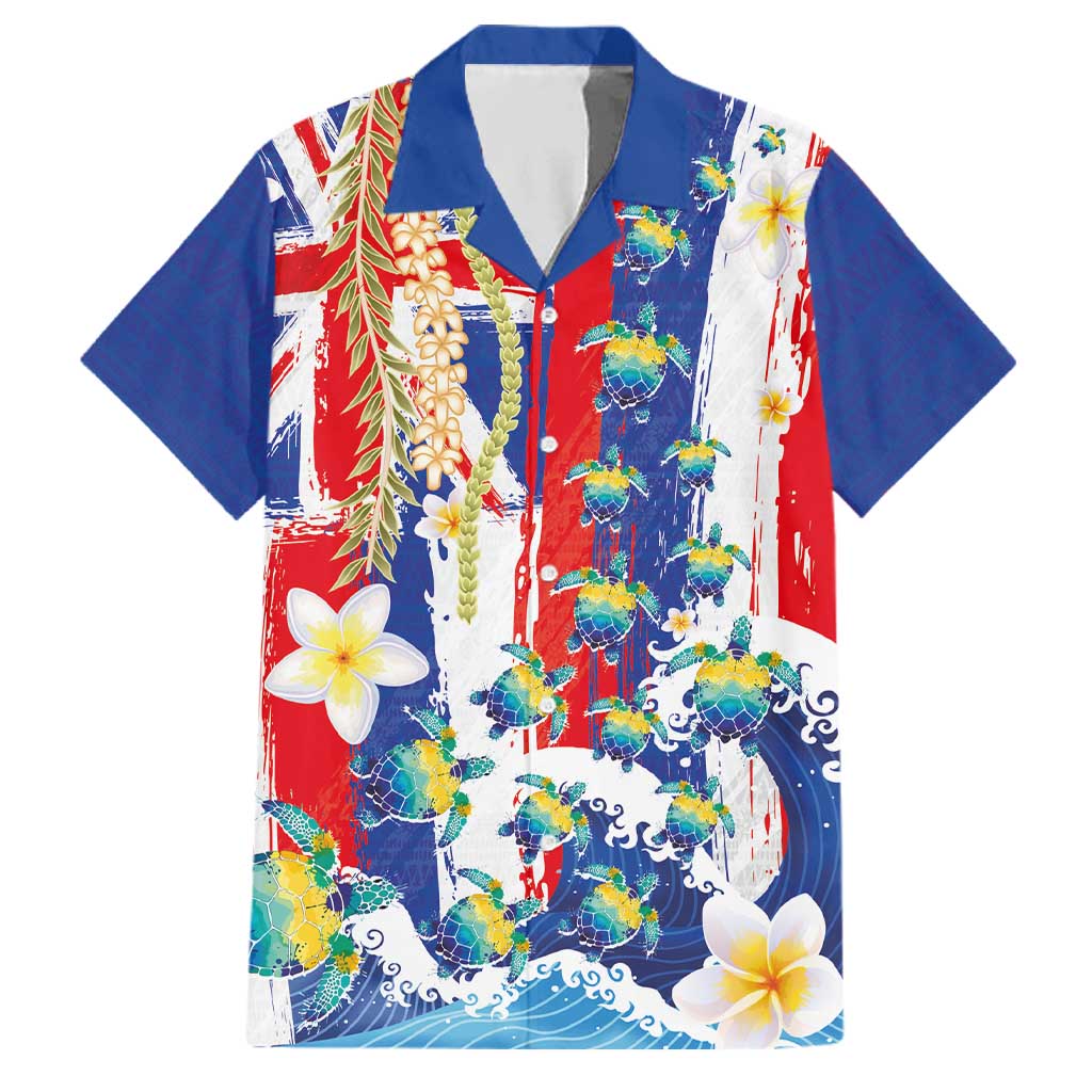 Hawaiian Sea Turtles and Plumeria Family Matching Off Shoulder Maxi Dress and Hawaiian Shirt with Lei and Flag Grunge Style LT03 Dad's Shirt - Short Sleeve Multicolor - Polynesian Pride